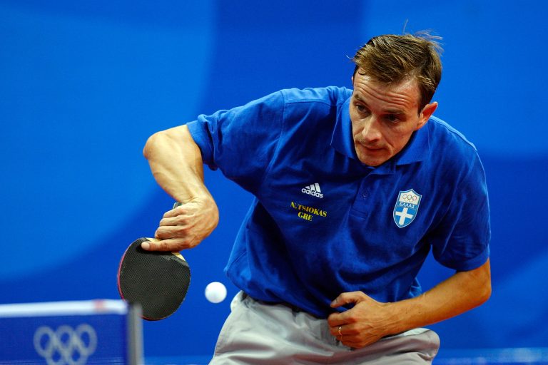 BEIJING - AUGUST 14:  Ntaniel Tsiokas of Greece competes in the table tennis event at the Peking University Gymnasium during Day 6 of the Beijing 2008 Olympic Games on August 14, 2008 in Beijing, China.  (Photo by Cameron Spencer/Getty Images)